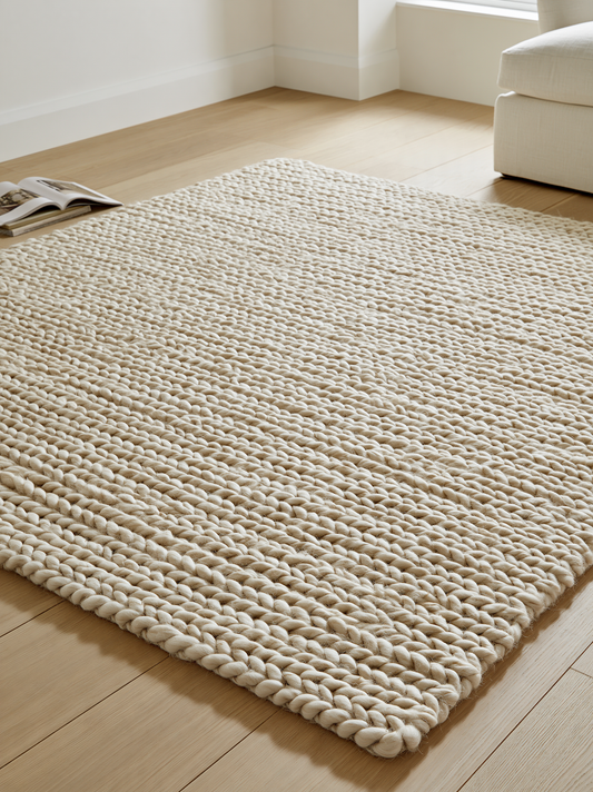 Chunky Wool Rug in cream oatmeal, with thick handwoven braided rows and a dense, cushioned texture.