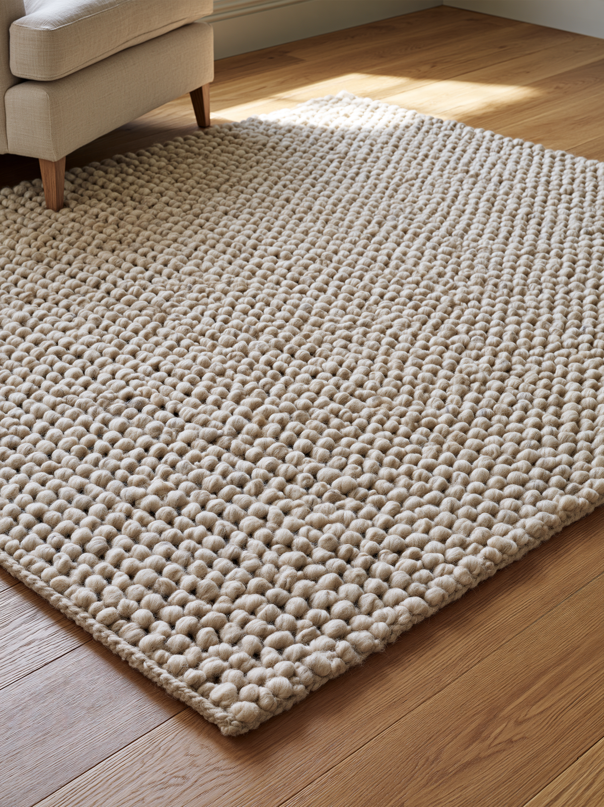 Chunky Wool Rug in taupe greige with a thick, handwoven pebble texture and irregular rounded knots.