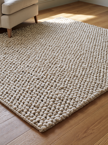 Chunky Wool Rug in taupe greige with a thick, handwoven pebble texture and irregular rounded knots.