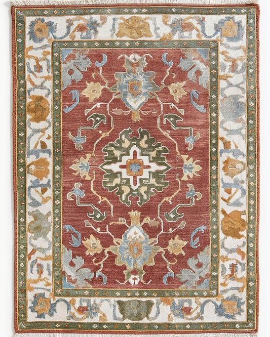 Vintage Oushak wool rug 8x10 hand-knotted medallion carpet in muted rust, cream, and sage with antique-style patina
