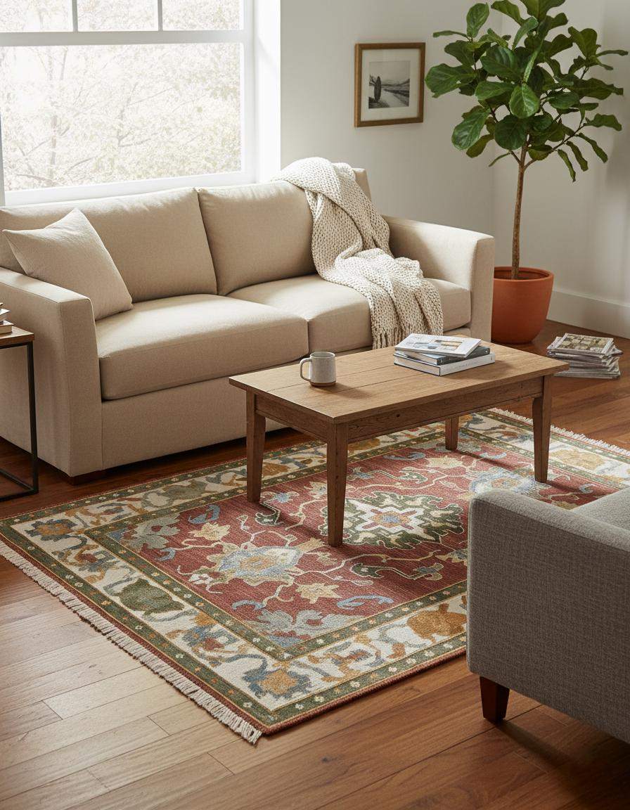 Vintage Oushak wool rug with hand-knotted medallion in muted rust, cream, and sage tones