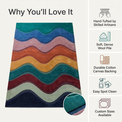 Wave Stripe Rug with plush multicolor wool in undulating teal, blue, mauve, rust, mustard and burgundy bands