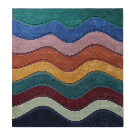 Wave Stripe Rug in plush wool with layered teal, cobalt, mauve, rust, mustard, burgundy, sage and navy waves