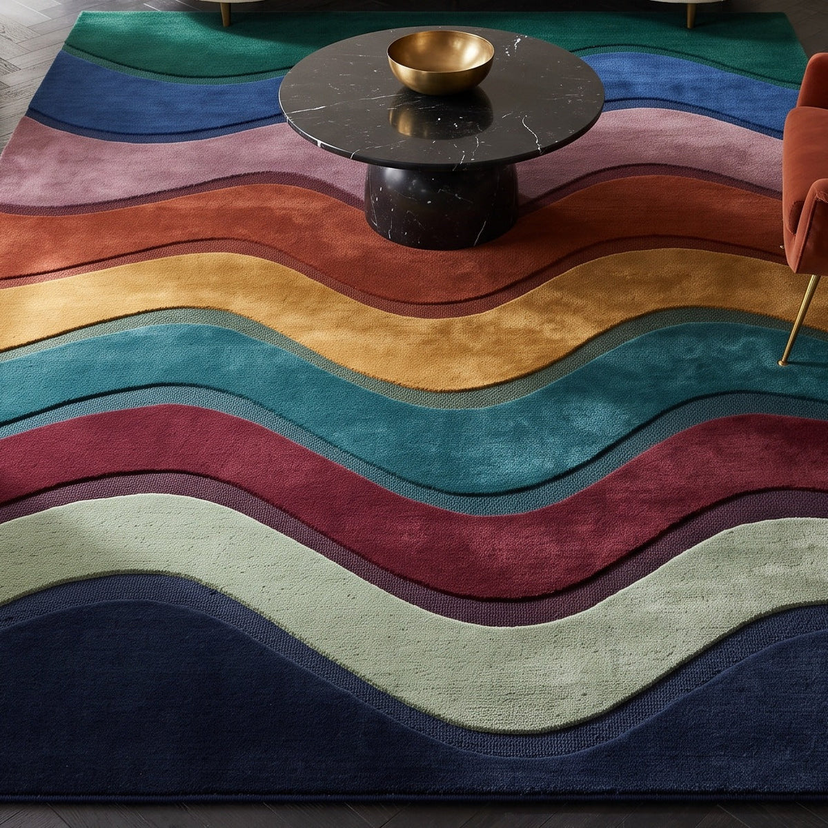 Wave Stripe Rug in plush wool with flowing multicolour bands of teal, navy, mauve, rust, mustard, burgundy and sage