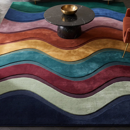 Wave Stripe Rug in plush wool with flowing multicolour bands of teal, navy, mauve, rust, mustard, burgundy and sage