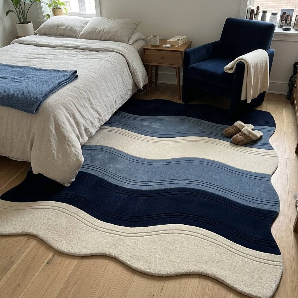 Wavy Rug with an irregular rippled shape, plush wool pile and flowing navy, blue and ivory bands
