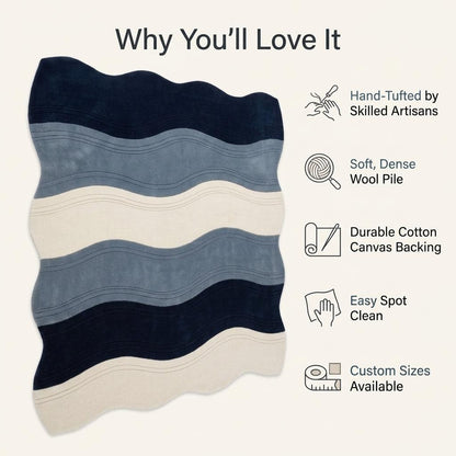 Wavy Rug with an irregular rippled shape, featuring wavy navy, slate blue and ivory bands with carved lines