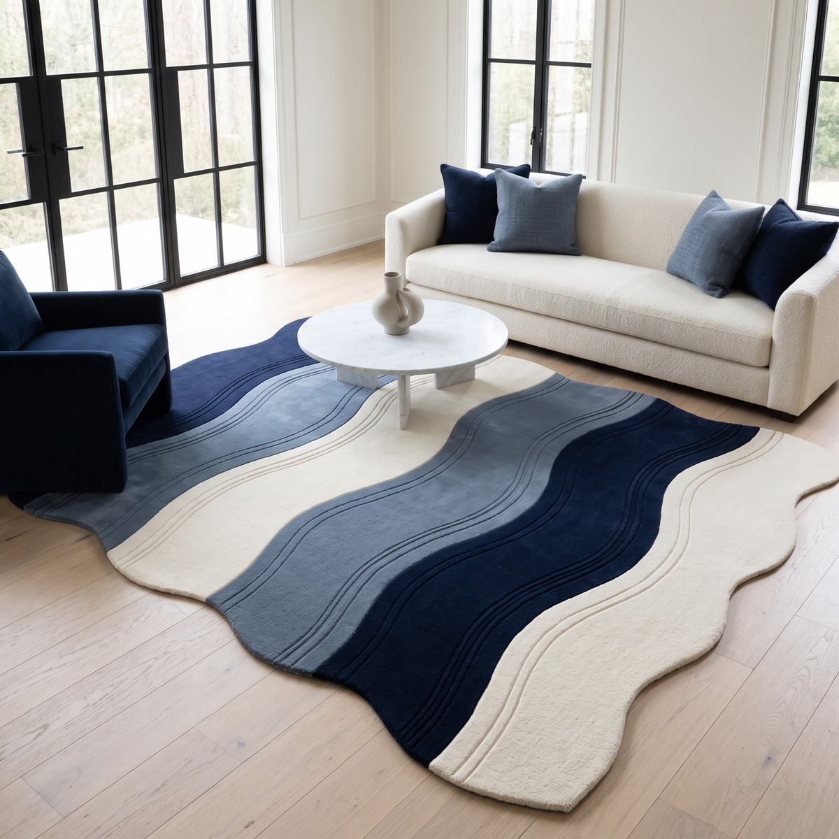 Wavy Rug with an irregular edge, featuring flowing navy, slate blue and ivory bands with carved line detailing