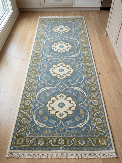 Hand Knotted Oushak Runner Rug in blue wool, with ivory floral medallions, olive vine borders, and fringe.