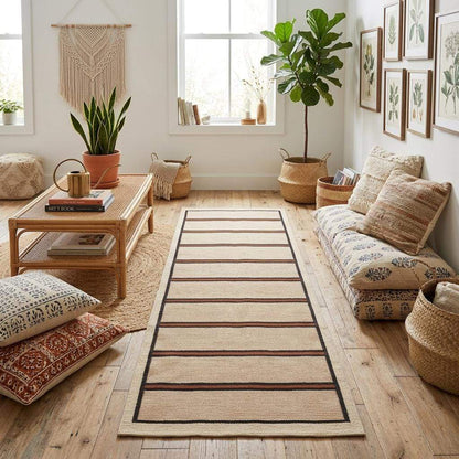 Handwoven wool flatweave runner rug with ivory, navy, and rust stripes for kitchen or hallway